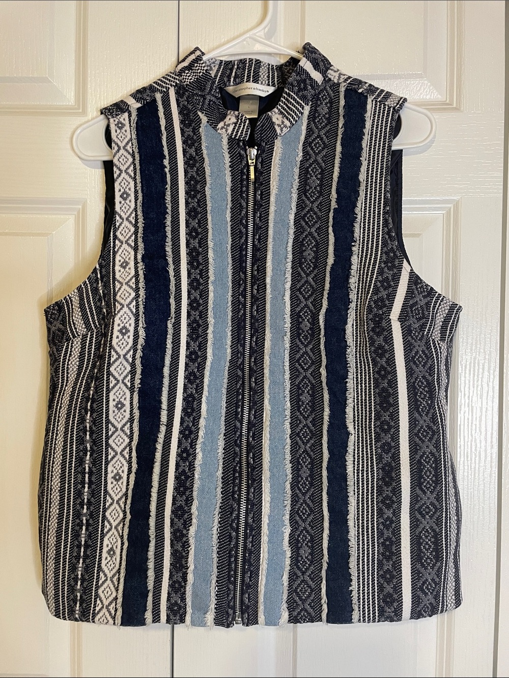 CHRISTOPHER & BANKS Denim Striped Zip-Up Vest, Women’s L, Blue White